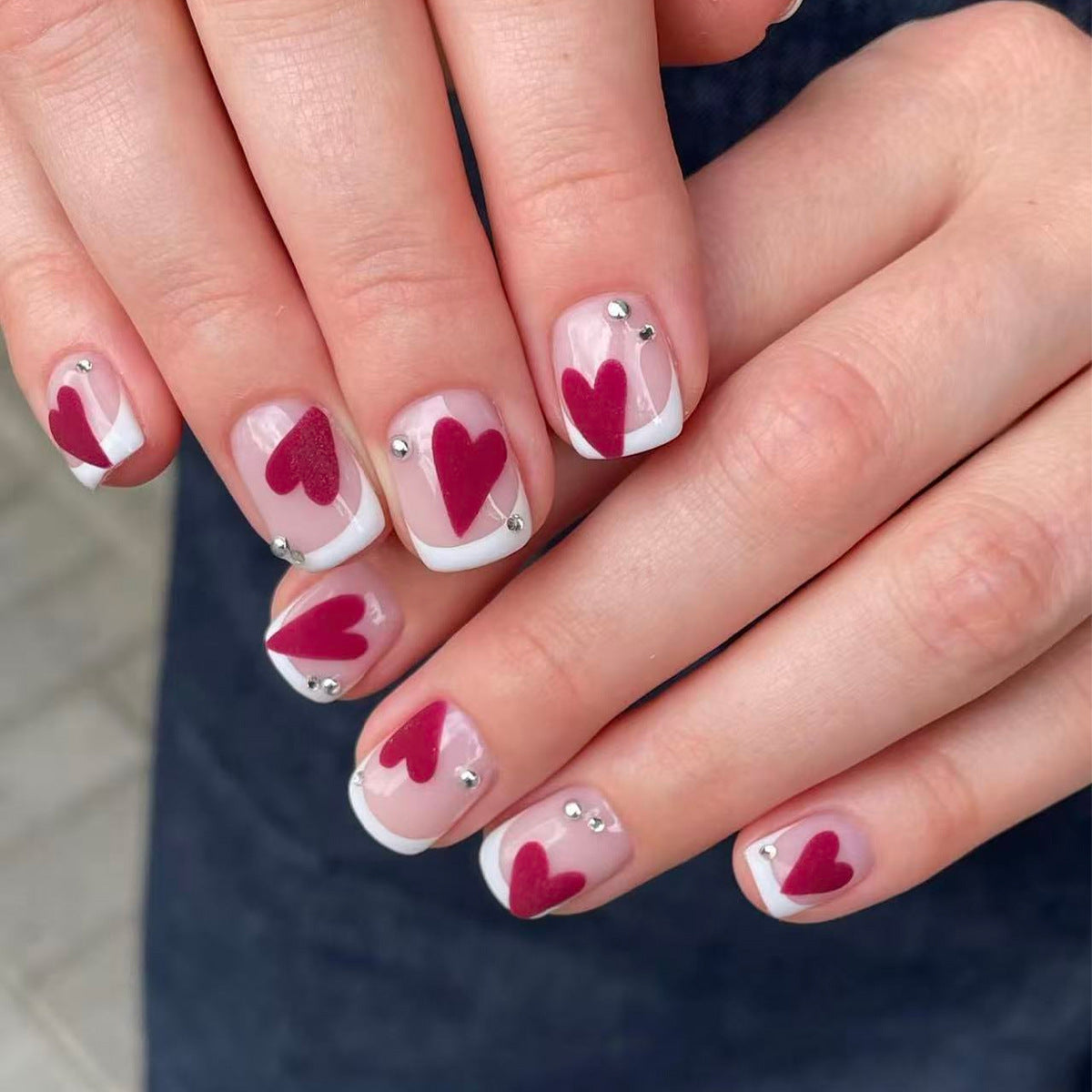 Charming Romance Short Square Deep Red and White Heart Accented Press On Nail Set