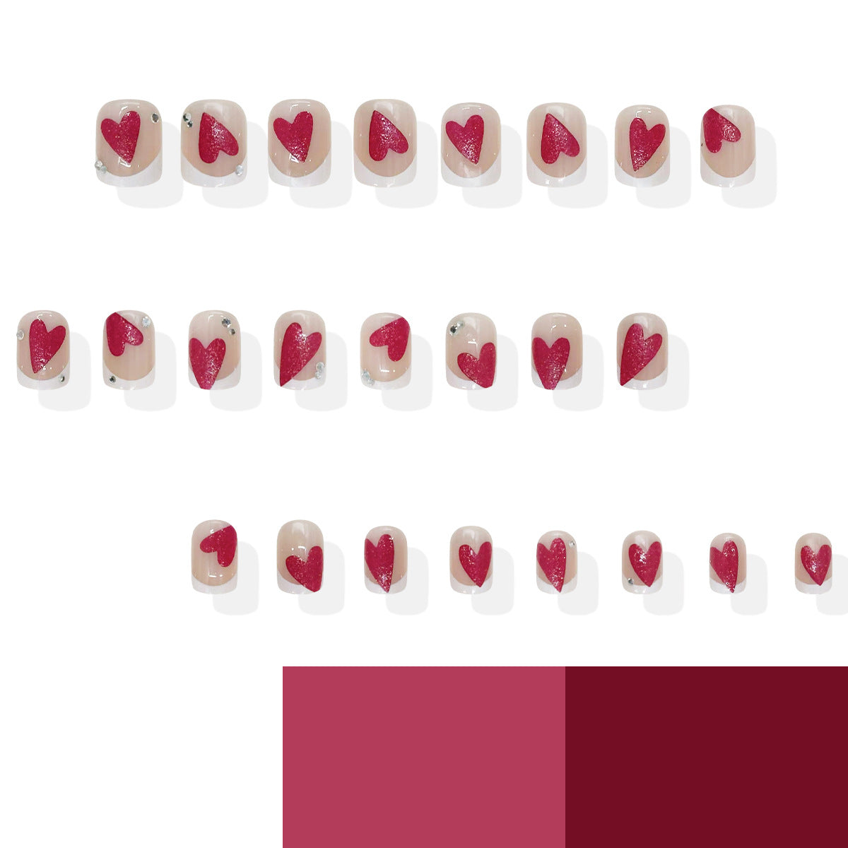 Romantic Love Heart Short Square Length Glossy Beige and Red Press On Nail Set with Sparkling Accents