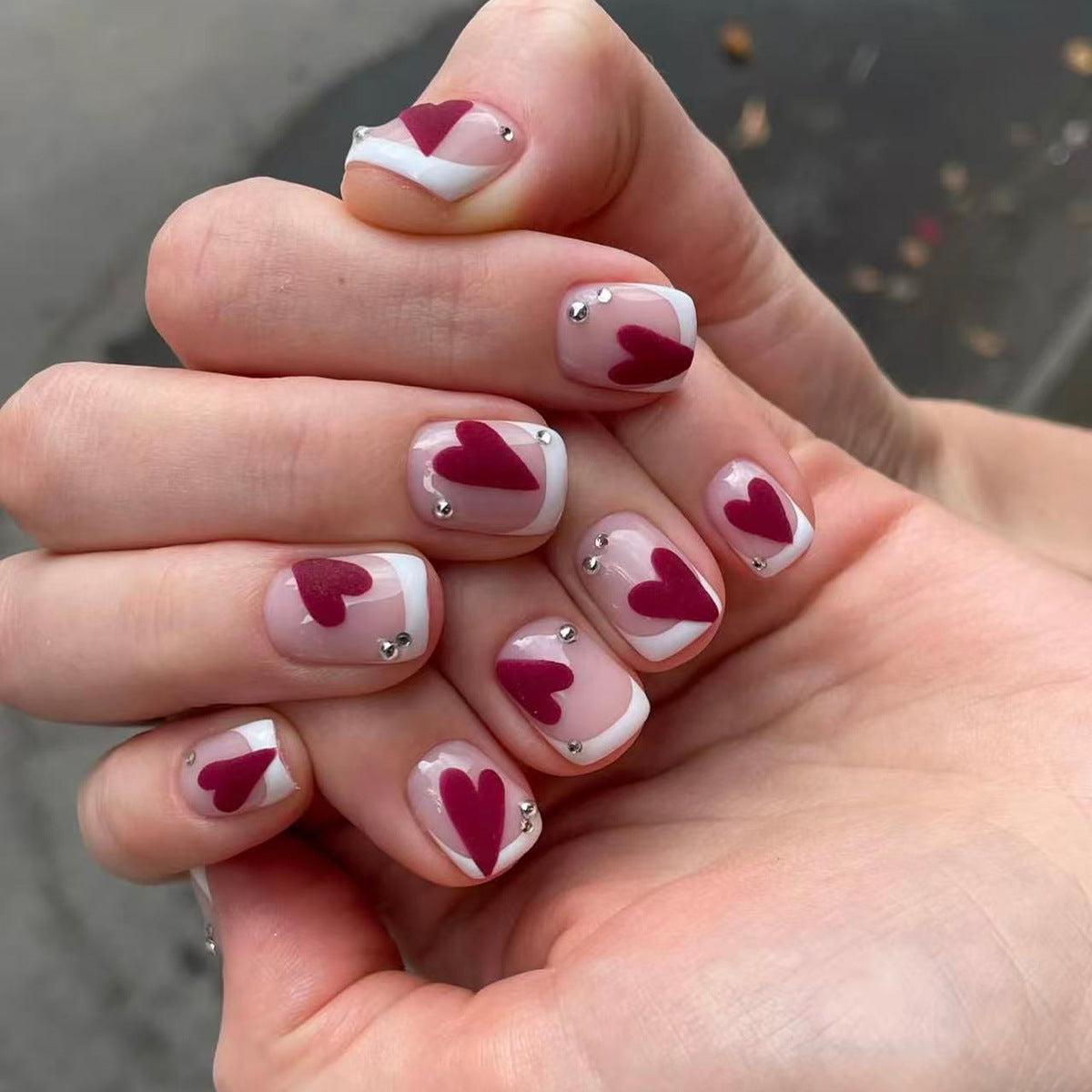 Romantic Heart Shape Short Square Press On Nail Set with Charming Gem Accents in Soft Pink and Deep Red