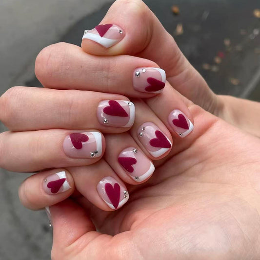 Romantic Heart Shape Short Square Press On Nail Set with Charming Gem Accents in Soft Pink and Deep Red