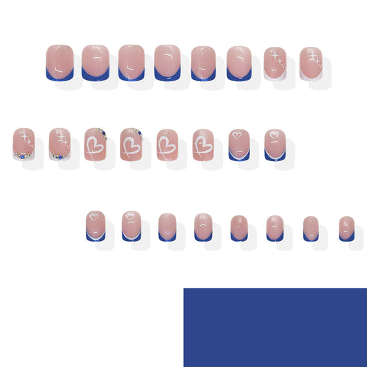 Nautical Charm Short Square Beige and Blue Press-On Nails with Heart and Star Designs