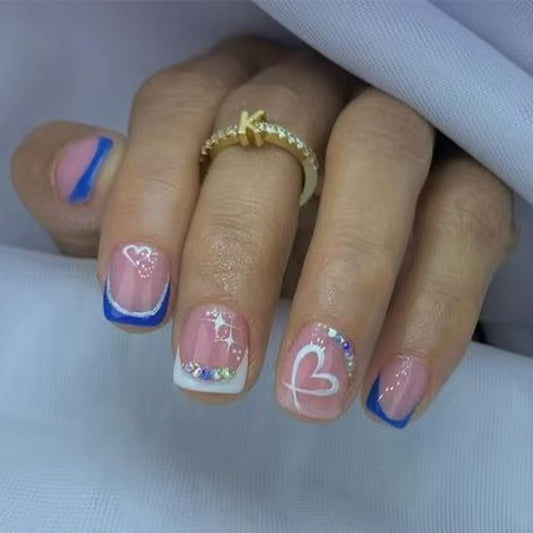 Romantic Hearts Short Square Pink and Blue Glitter Nail Set