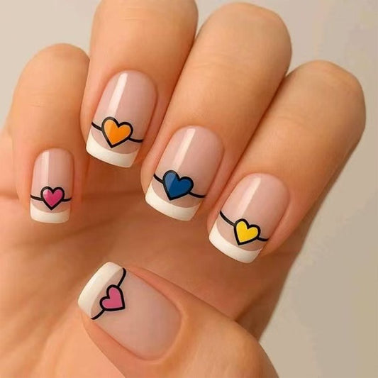 Charming Heartbeat Short Square Press on Nail Set in Natural Length with Colorful Heart Designs and Elegant French Tips