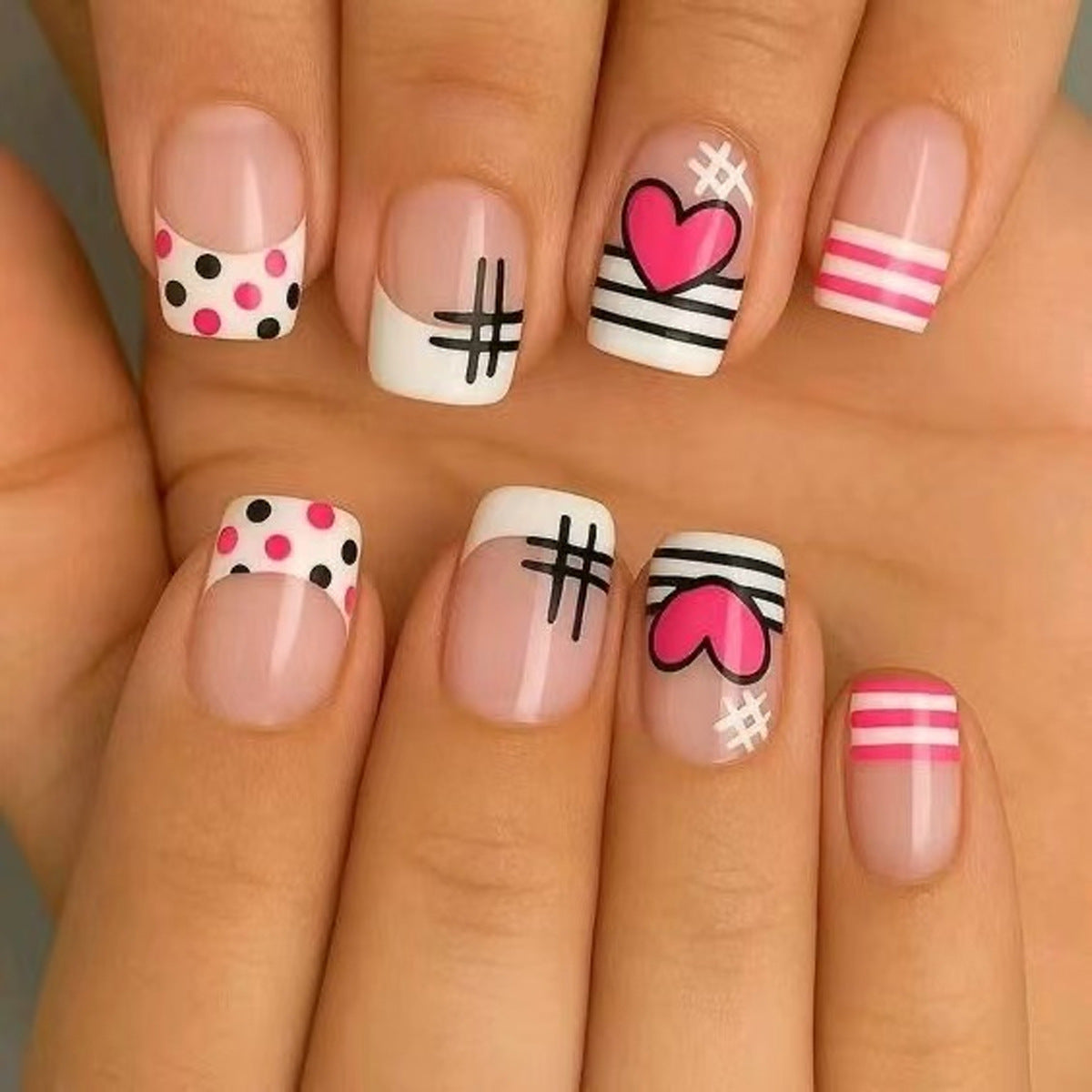 Chic Love Affair Short Square Pink Whimsical Patterned Press On Nail Set
