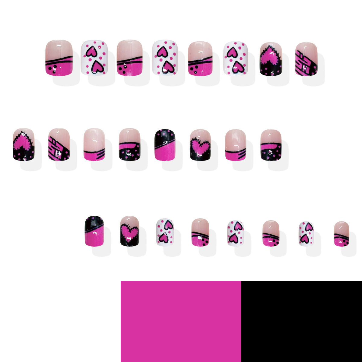 Romantic Evening Pink Short Square Press-On Nail Set with Heart Patterns and Glossy Finish