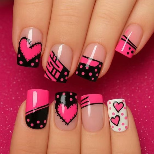 Heartfelt Glamour Short Square Pink and Black Press-On Nail Set with Unique Patterns and Designs