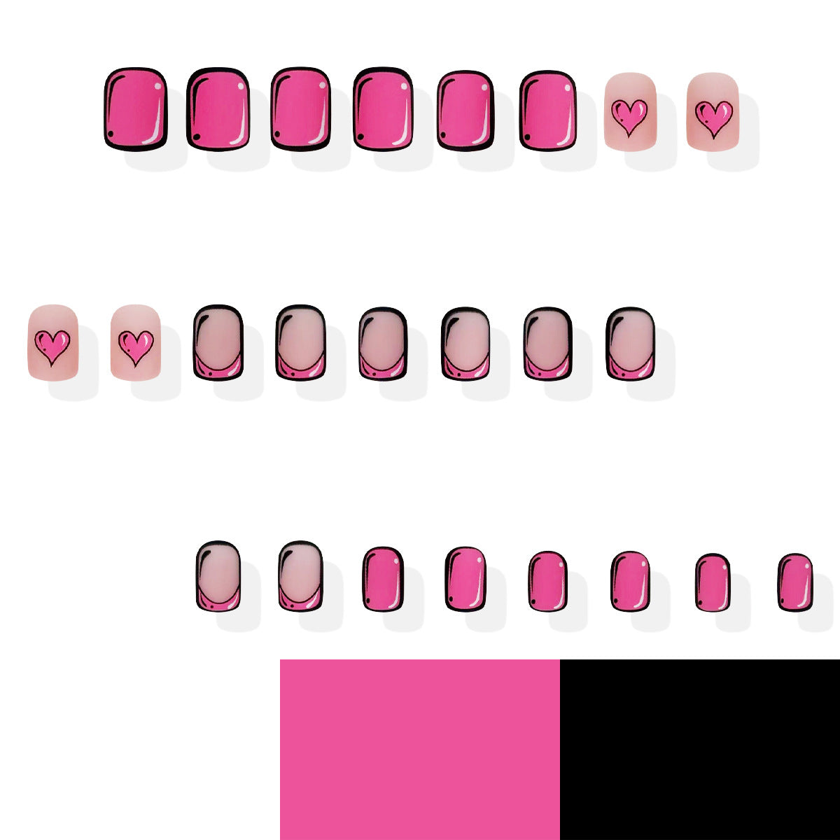 Romantic Bliss Short Square Vibrant Pink with Heart Designs Press-On Nail Set