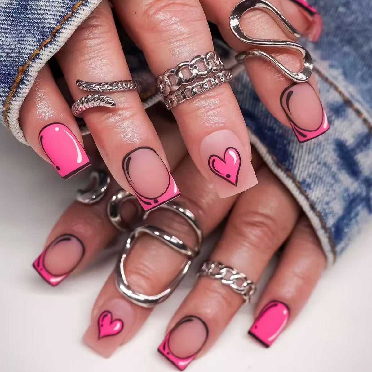 Love In Bloom Short Square Pink Press On Nail Set with Heart Design