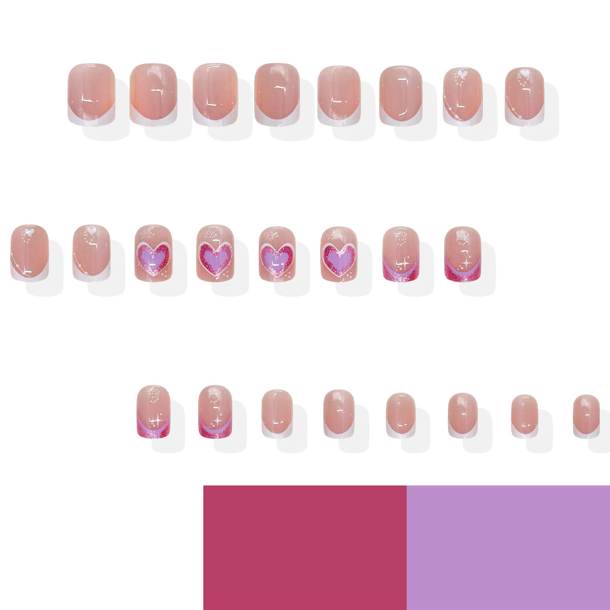 Charming Romance Short Square Pink Heart Glitter Press On Nail Set
