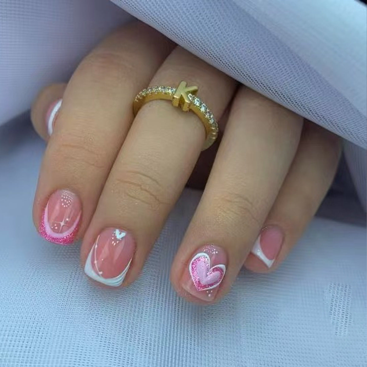 Charming Love Inspired Press On Nail Set Short Square Soft Pink with Glittery Heart Accent