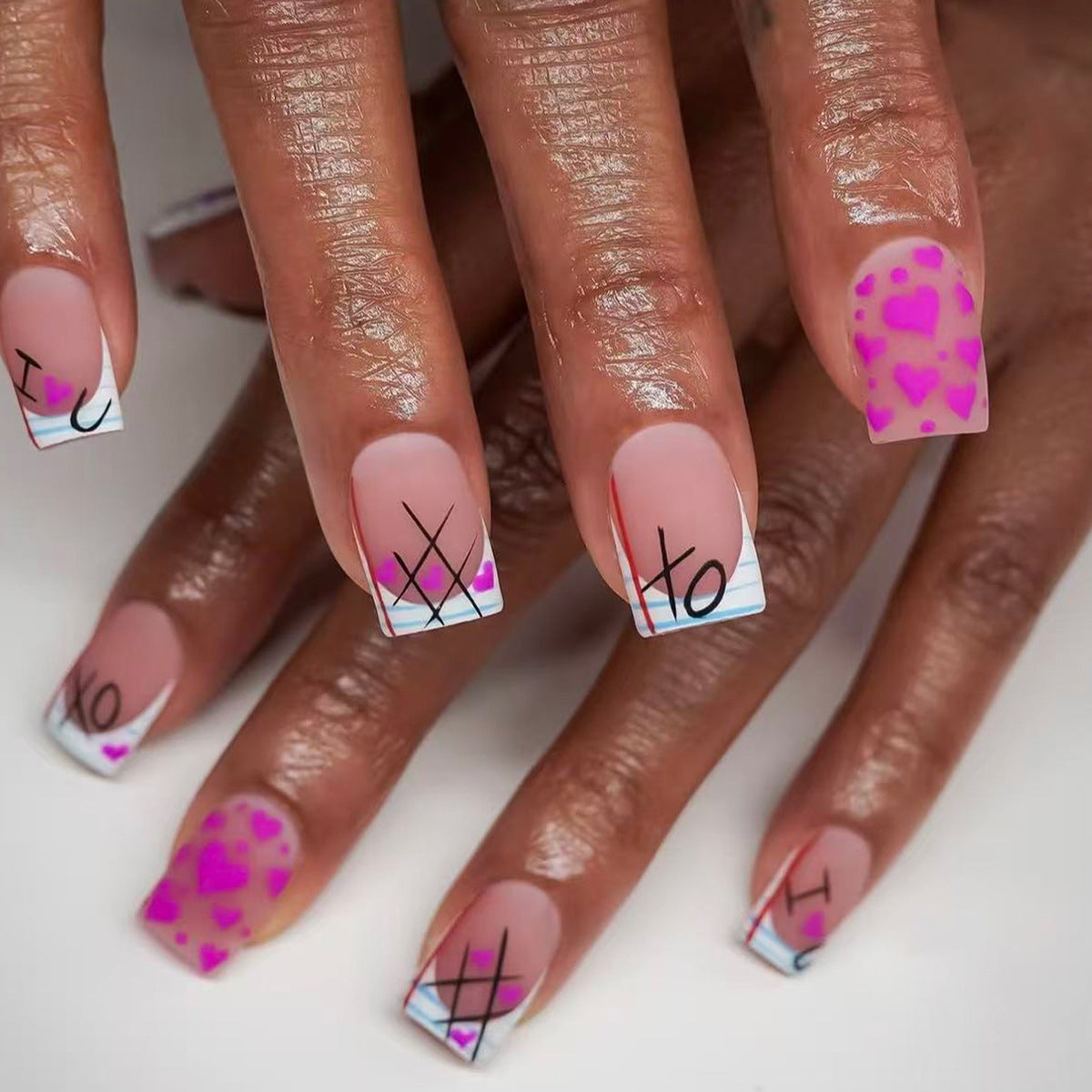 Love Inspired Square Press On Nail Set in Short SquareElegant Shape Soft Pink Color with Playful Heart and XO Designs