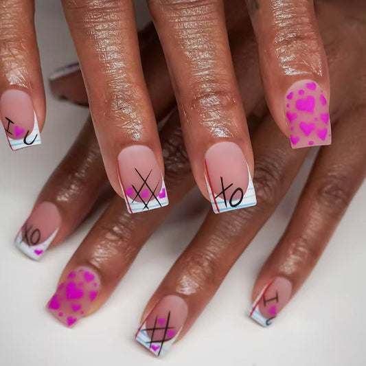 Love Inspired Square Press On Nail Set in Short SquareElegant Shape Soft Pink Color with Playful Heart and XO Designs