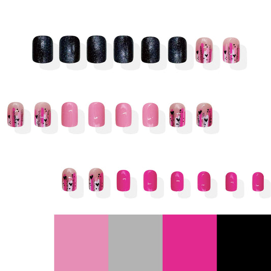 Romantic Vibes Glossy Short Square Pink and Black Press-On Nail Set with Heart Design