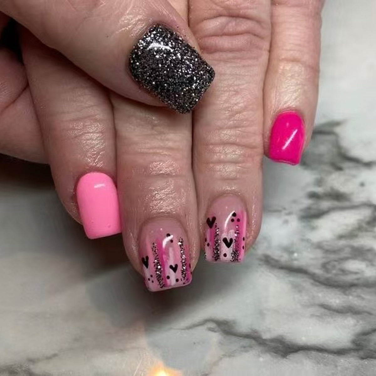 Glamorous Hearts Short Square Pink and Black Glittery Brilliance Press On Nail Set