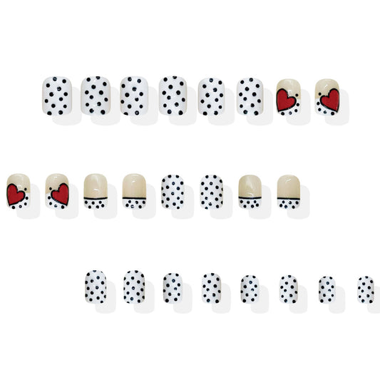 Charming Love Theme Short Square White with Black Polka Dots and Heart Design Press-On Nail Set
