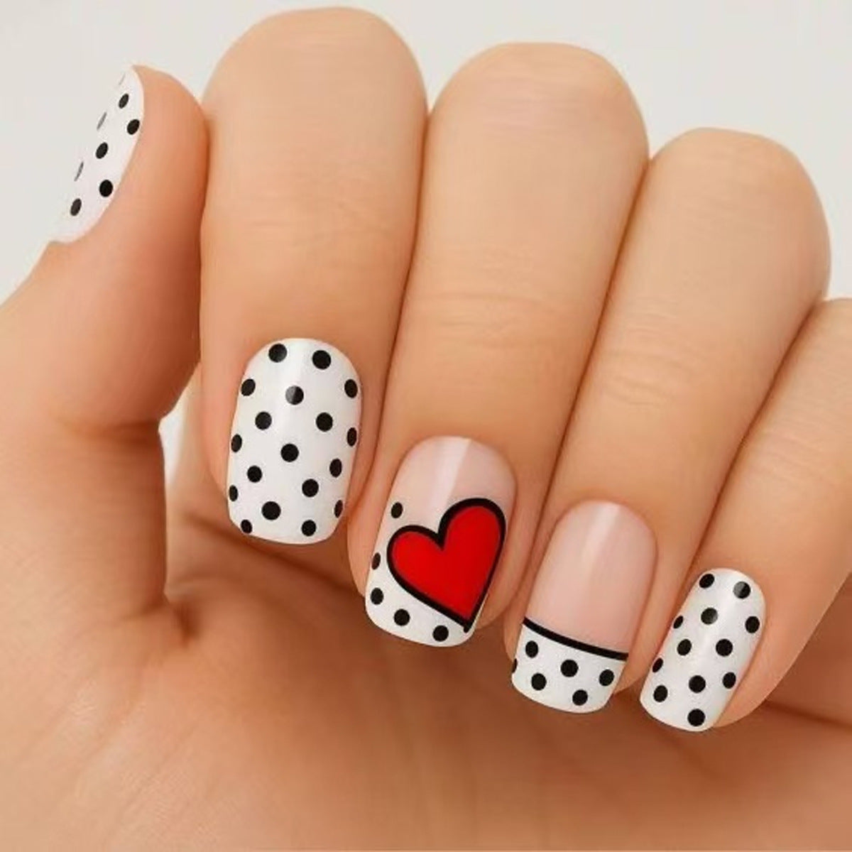 Charming Love Story Short Square White with Black Polka Dots and Heart Accent Press On Nail Set