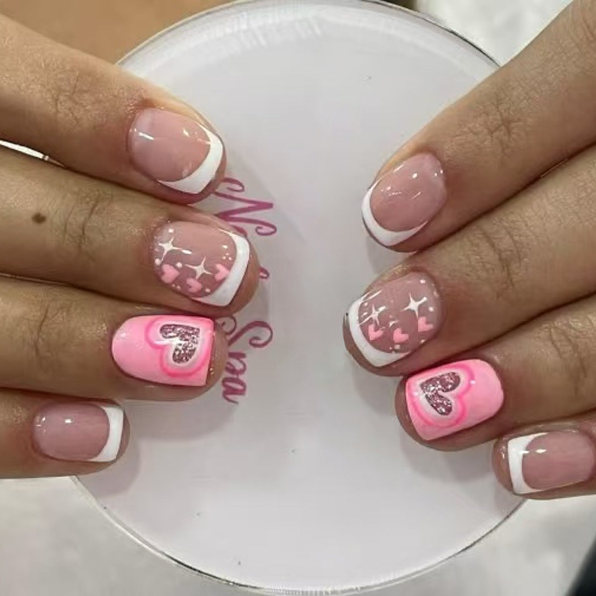 Romantic Sparkle Short Square Blush Pink Nails with Glitter Heart Embellishments