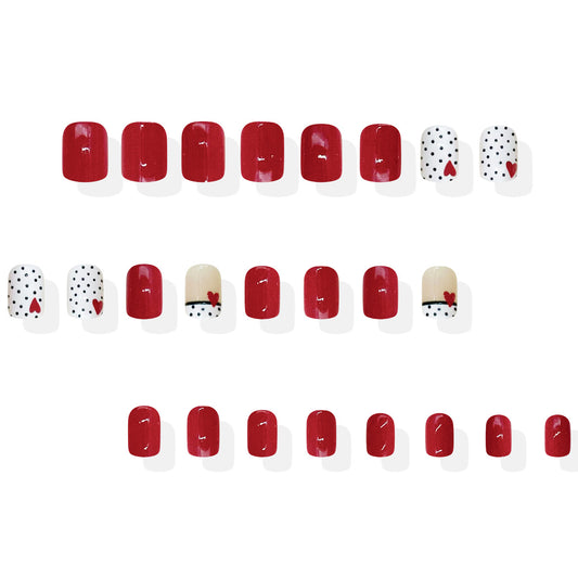 Whimsical Romance Red Short Square Length Press On Nail Set with Heart and Polka Dot Accents