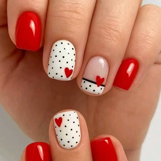 Charming Romance Short Square Glossy Red with Heart Accents Nail Set