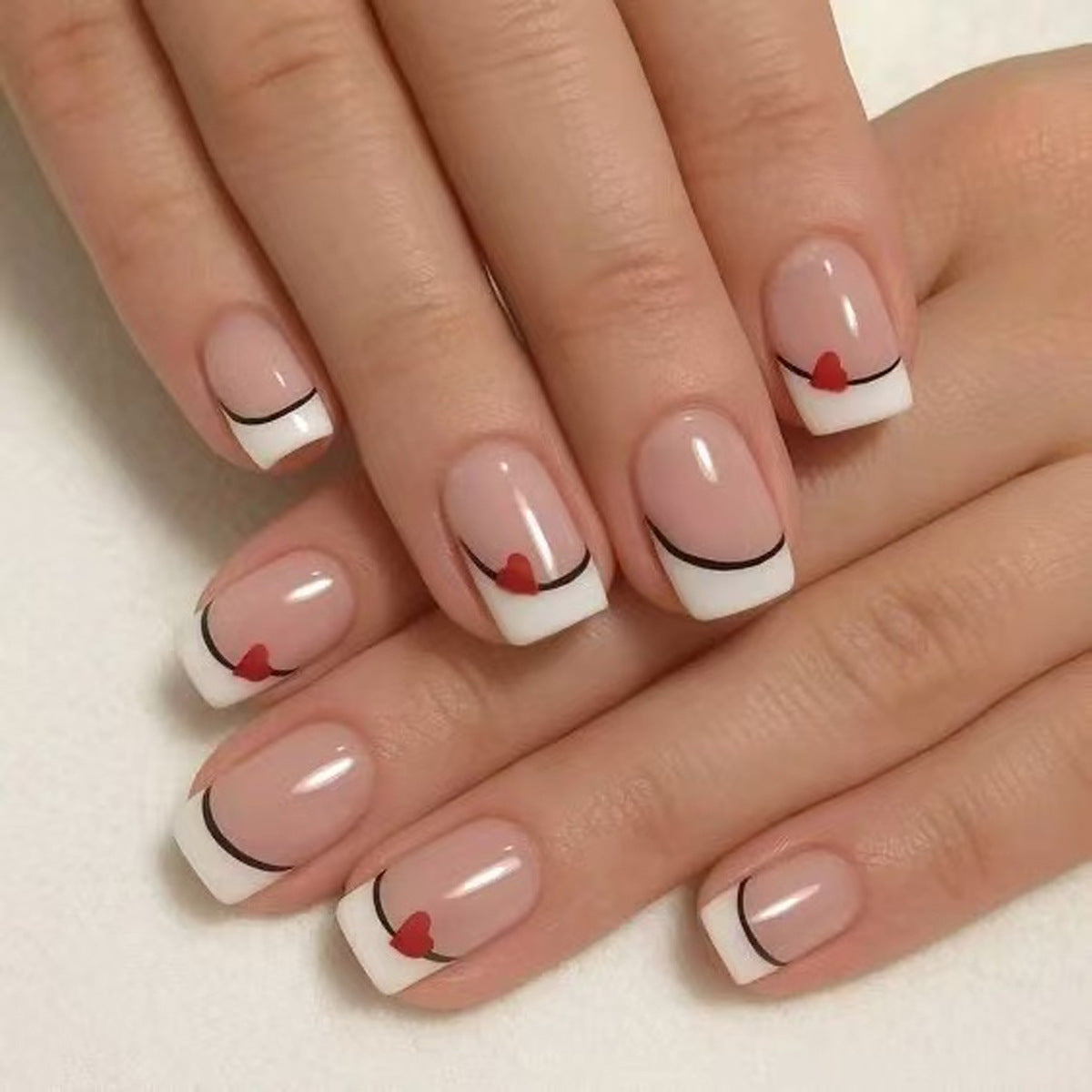 Love Inspired Short Square Shaped Soft Pink and White Press On Nail Set with Heart Accents