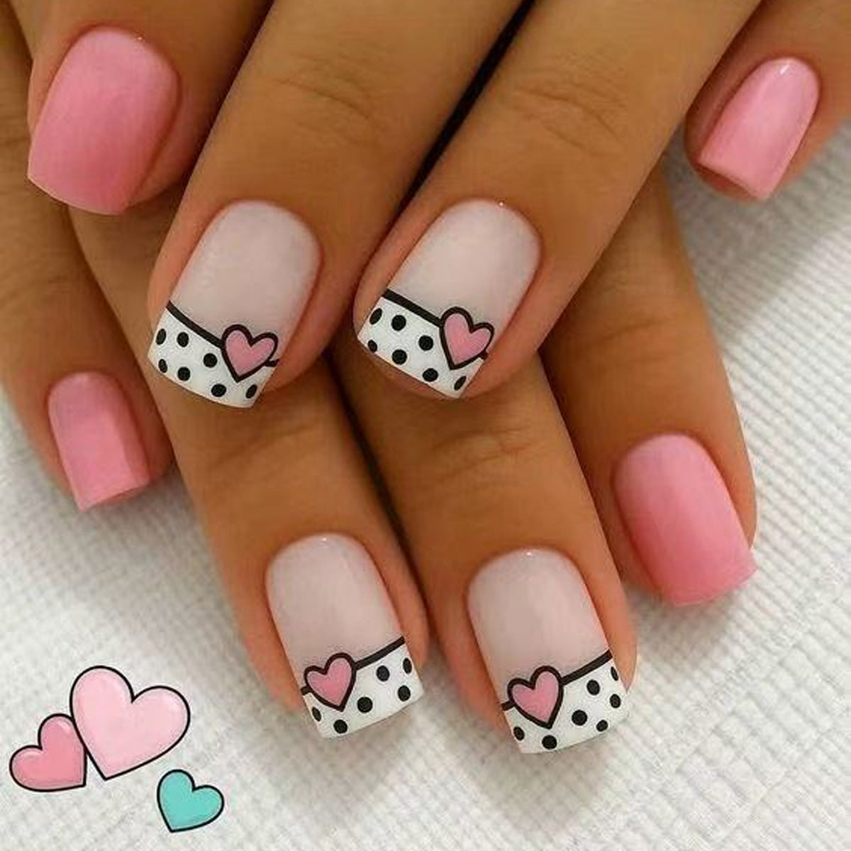 Romantic Hearts Short Square Press On Nail Set in Pastel Pink with Playful Polka Dots and Heart Accents