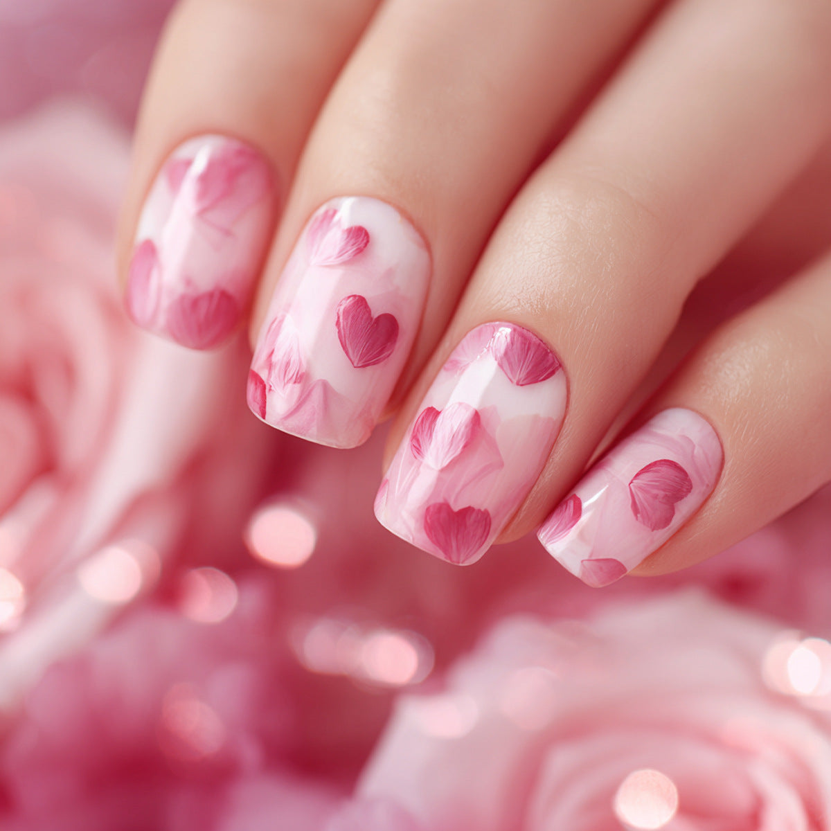 Romantic Blossom Press On Nail Set Short Square Pink with Heart Petal Design