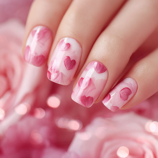 Romantic Blossom Press On Nail Set Short Square Pink with Heart Petal Design