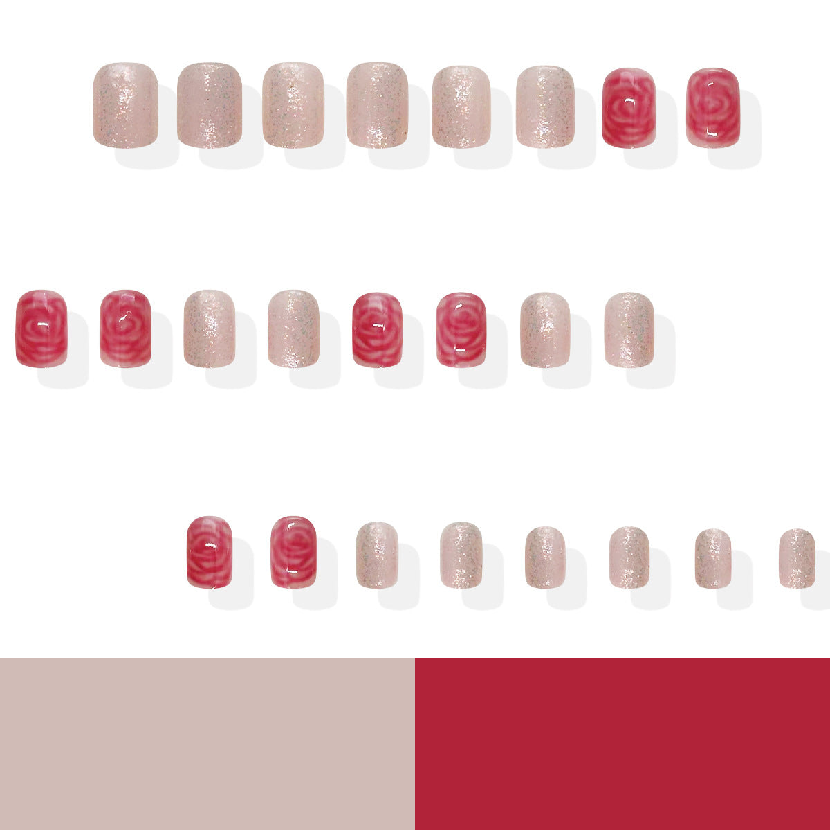 Blossoming Romance Short Square Pink and Red Press On Nail Set with Glitter Accents