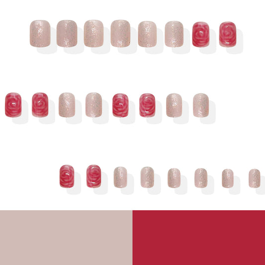 Blossoming Romance Short Square Pink and Red Press On Nail Set with Glitter Accents