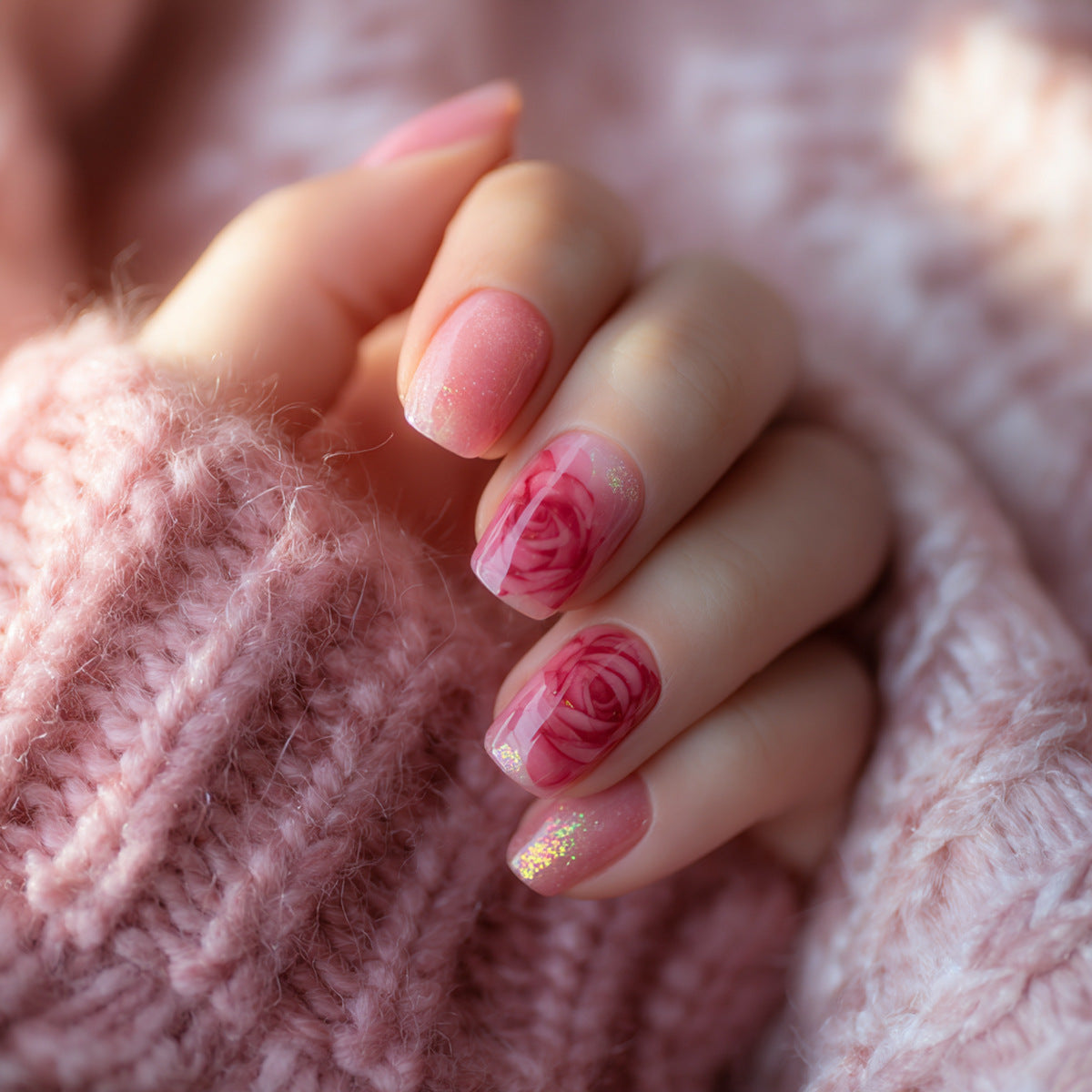 Blossom Elegance Short Square Pink Glossy Nails with Floral Design and Glitter Accents