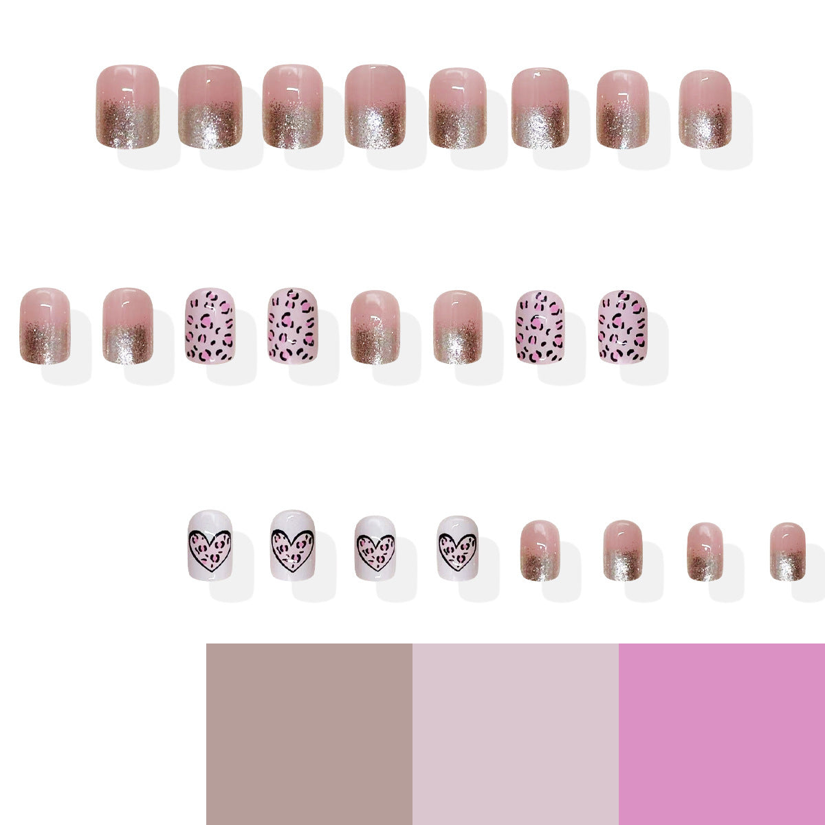 Chic Animal Print Glamour Press On Nail Set Short Square Blush Pink with Gradient Sparkle and Stylish Leopard Design