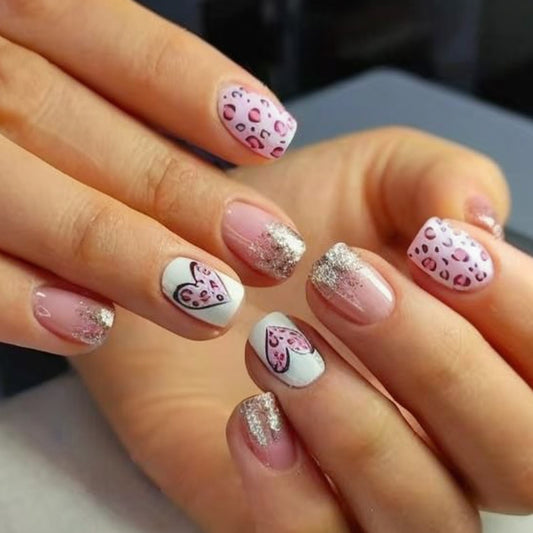 Charming Romance Short Square Pink Glossy Press on Nail Set with Glitter Hearts and Fun Animal Print Design
