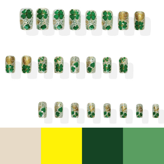 Lucky Charm Festivity Short Square Green Glittery Clover Press On Nail Set