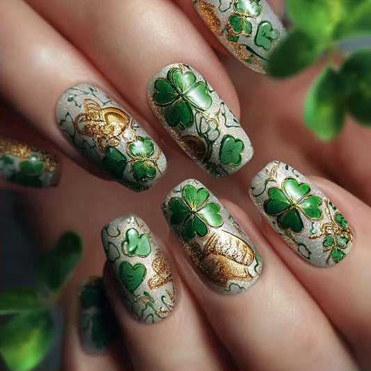 Lucky Shamrock Long Square Green Glossy Nail Set with Sparkling Gold Accents
