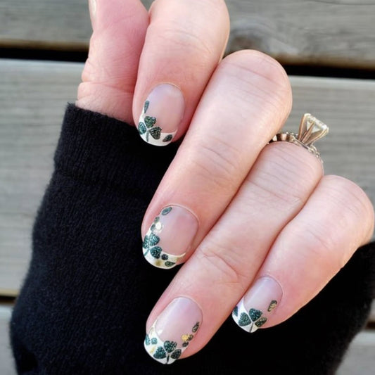 Enchanting Greenery Short Square Transparent Nails with Glittery Leaf Accents