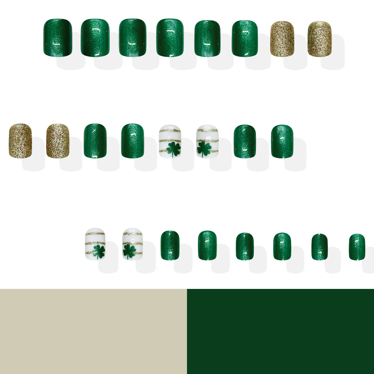 Lucky Charm Emerald Green Short Square Glossy Press-On Nail Set with Shimmering Gold and Festive Clover Accents