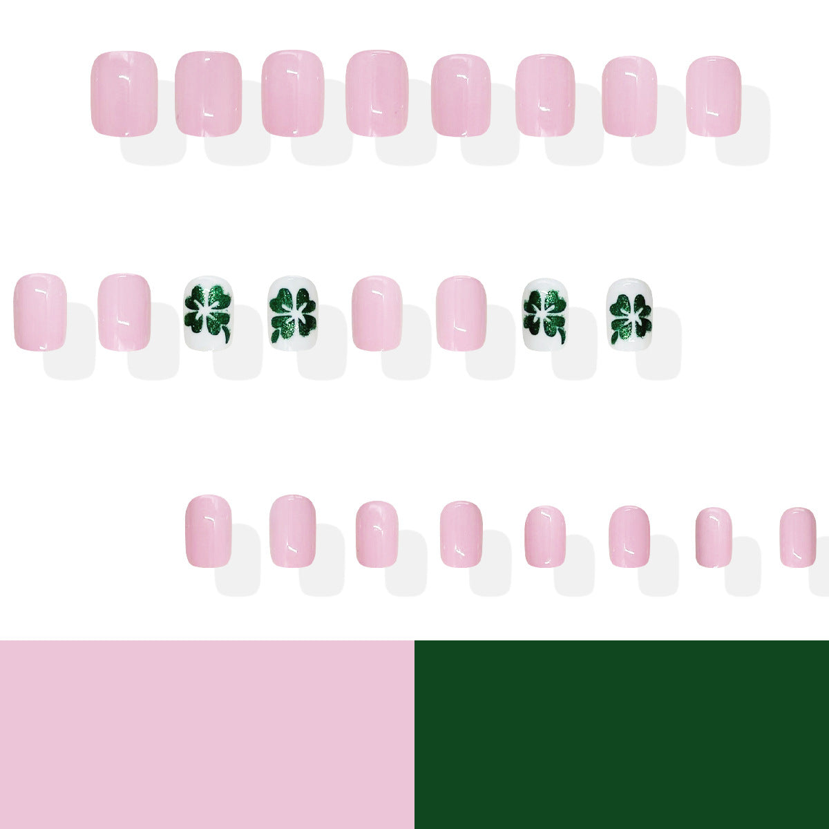 Lucky Charm Press-On Nail Set Elegant Short Square Pink with Green Four-Leaf Clover Accent