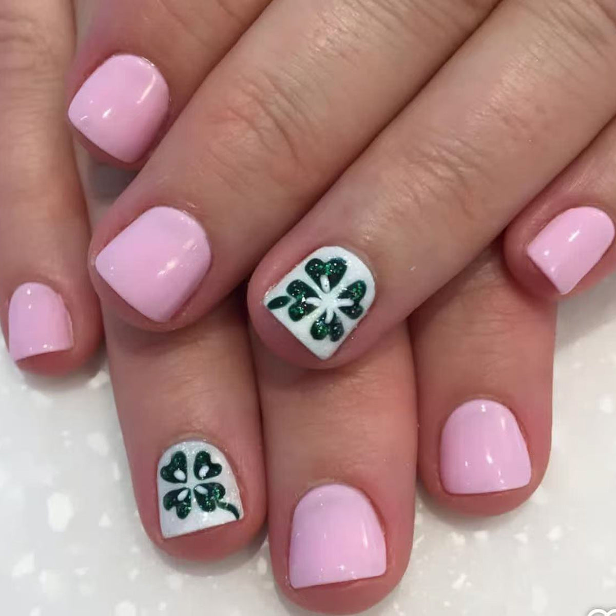 Charming Springtime Short Square Pink Nail Set with Green Heart and Flower Accents