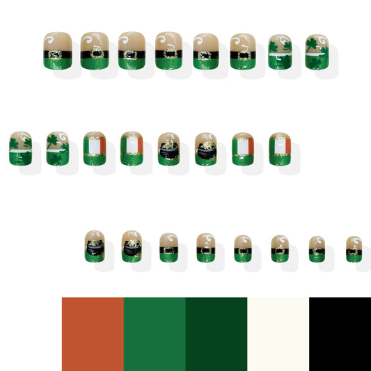 Festive Elegance Short Square Green with Gold Glitter Irish Theme Press On Nail Set