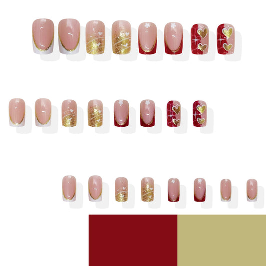 Romantic Elegance Press on Nail Set Medium Length Square Shape Blush Pink with Gold Accents and Heart Designs