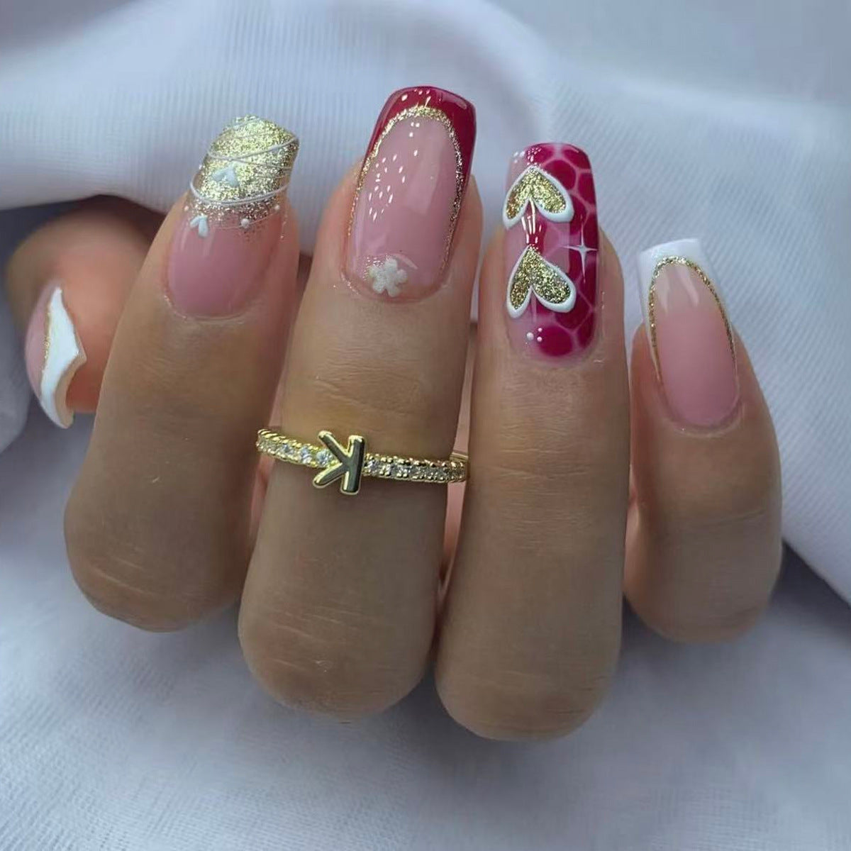 Charming Elegance Medium Square Burgundy and Pink Press on Nail Set with Glittery Floral Accents