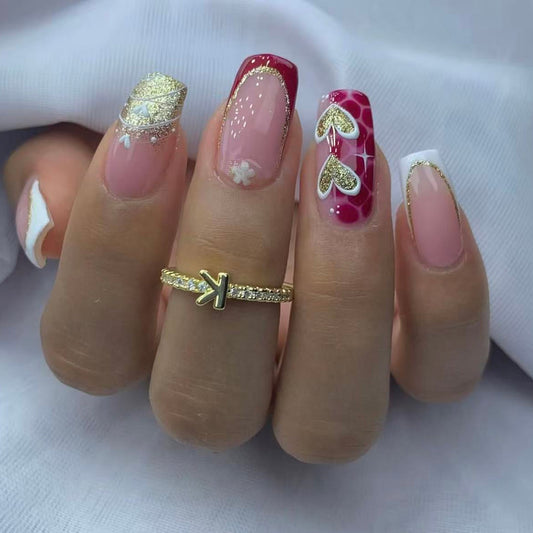 Charming Elegance Medium Square Burgundy and Pink Press on Nail Set with Glittery Floral Accents