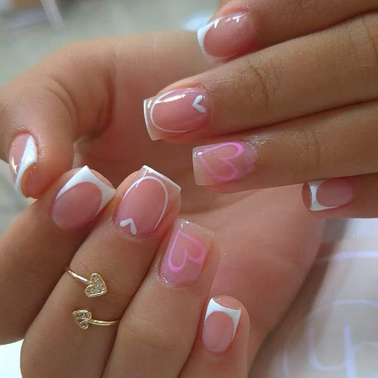 Love in Bloom Elegant Short Square Pink and White Press-On Nail Set with Charming Heart Designs