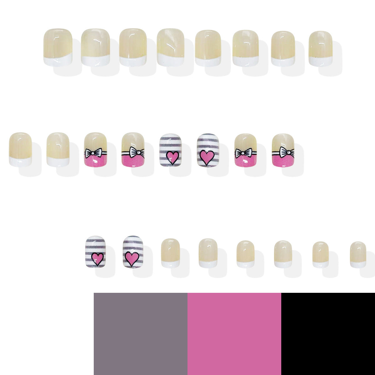 Charming Love Theme Square Short Beige and Pink Press-On Nail Set Featuring Sweet Bow and Heart Designs