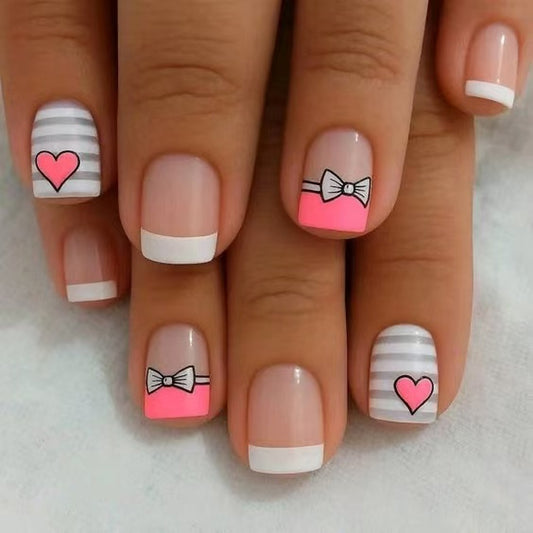 Charming Love Knot Short Square Pink and White Gradient Nail Set with Adorable Bow Accents