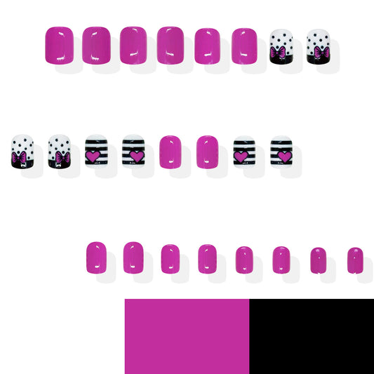 Charming Butterfly Theme Short Square Bright Pink with Elegant Bow and Heart Designs Press-On Nail Set