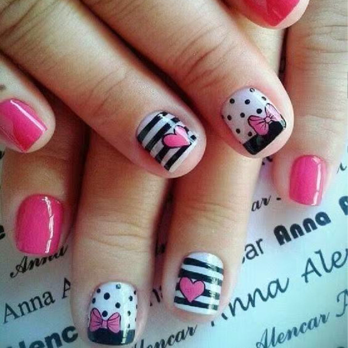 Charming Love Theme Short Square Pink Striped Nail Set with Heart and Bow Designs