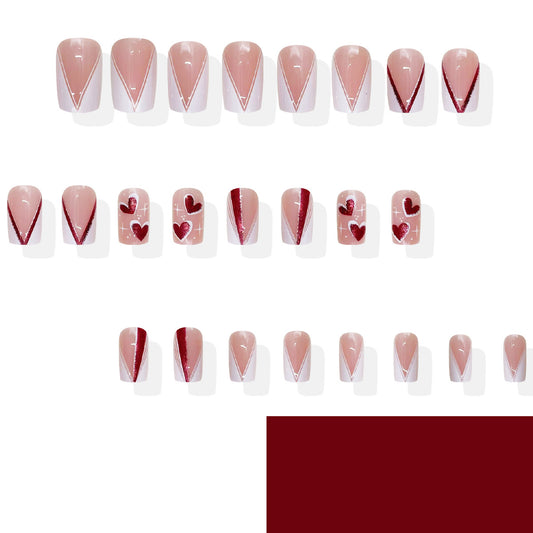 Romantic Elegance Blush Short Square Burgundy Heart Accented Press On Nail Set