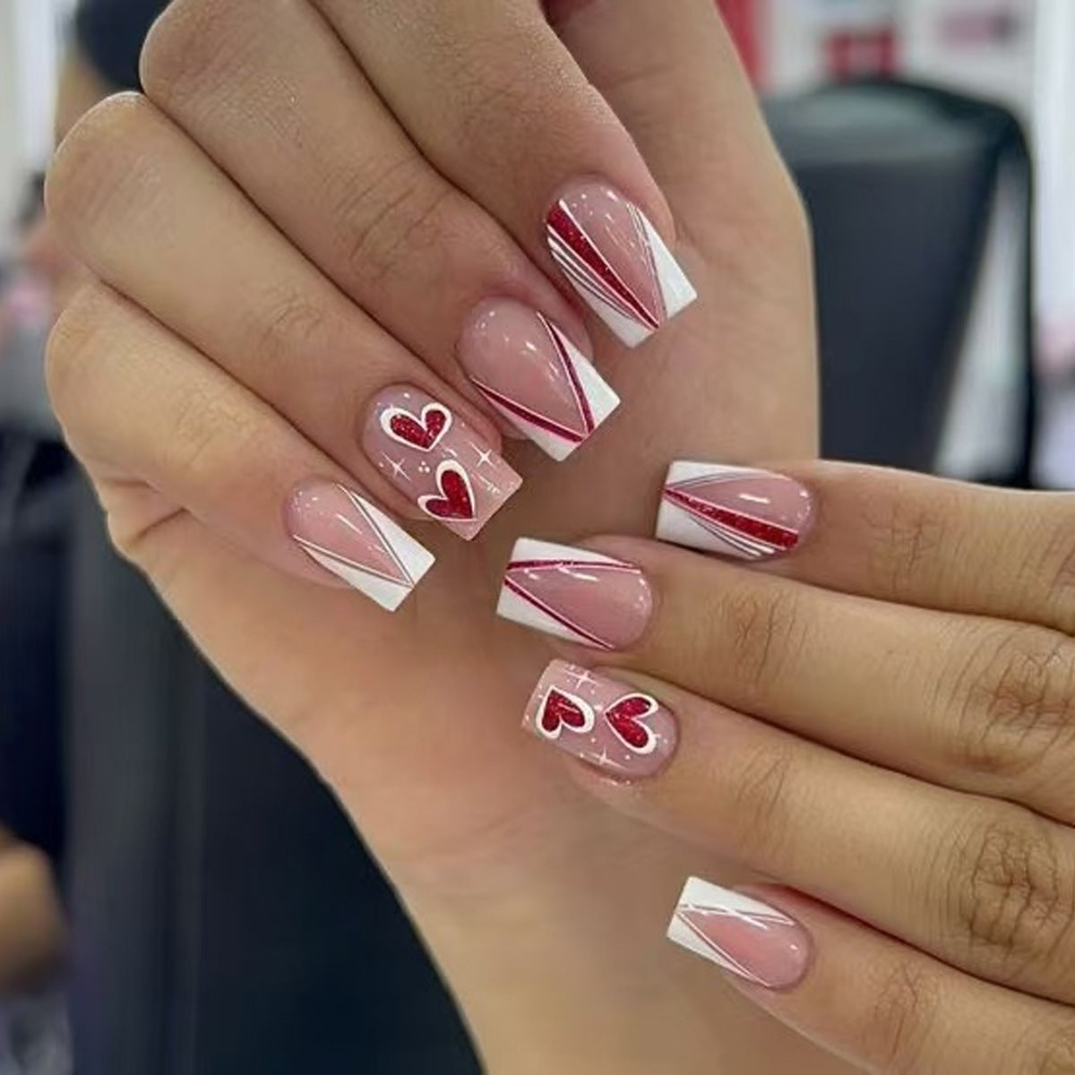 Romantic Heartbeat Medium Square Pink and White Press On Nail Set with Heart Design