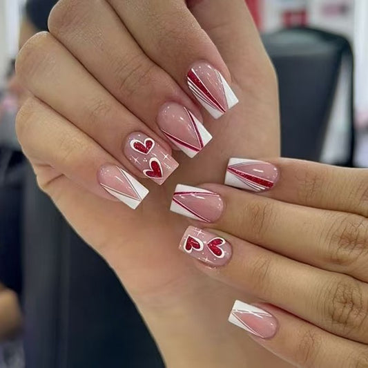 Romantic Heartbeat Medium Square Pink and White Press On Nail Set with Heart Design